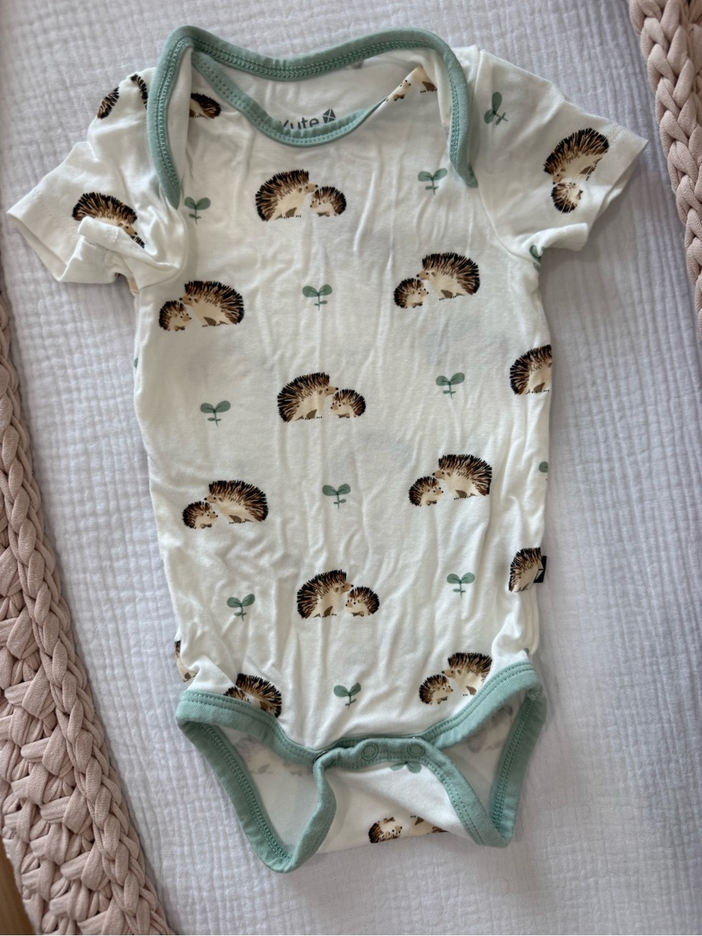 Kyte BABY Cream One-Piece Bodysuit with Hedgehog Print and Sage Trim